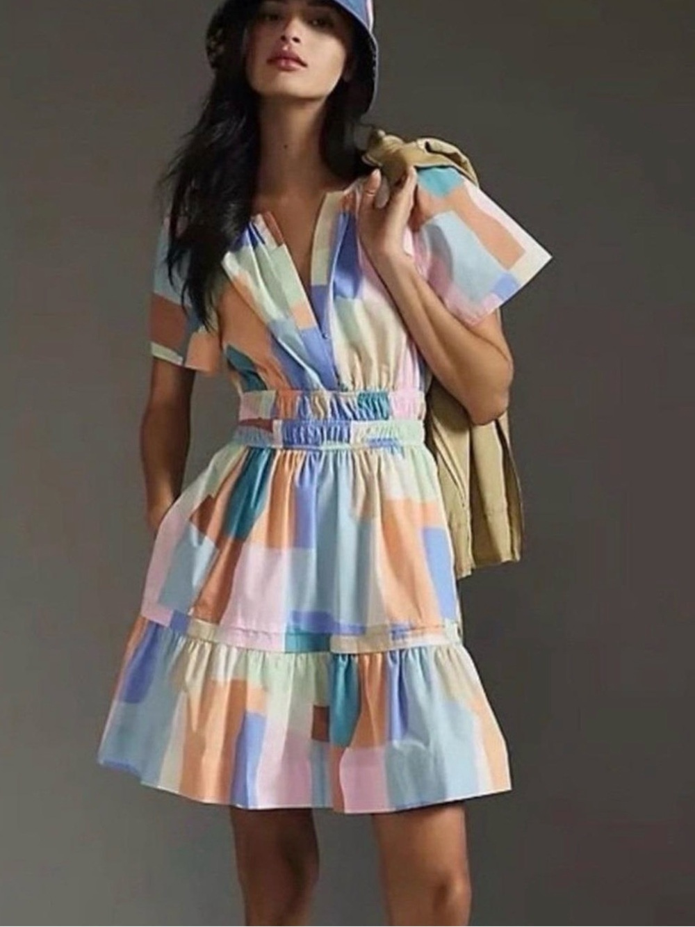 Anthropologie Pastel Abstract Block Print Dress in Blue, Pink, Peach, Mint
